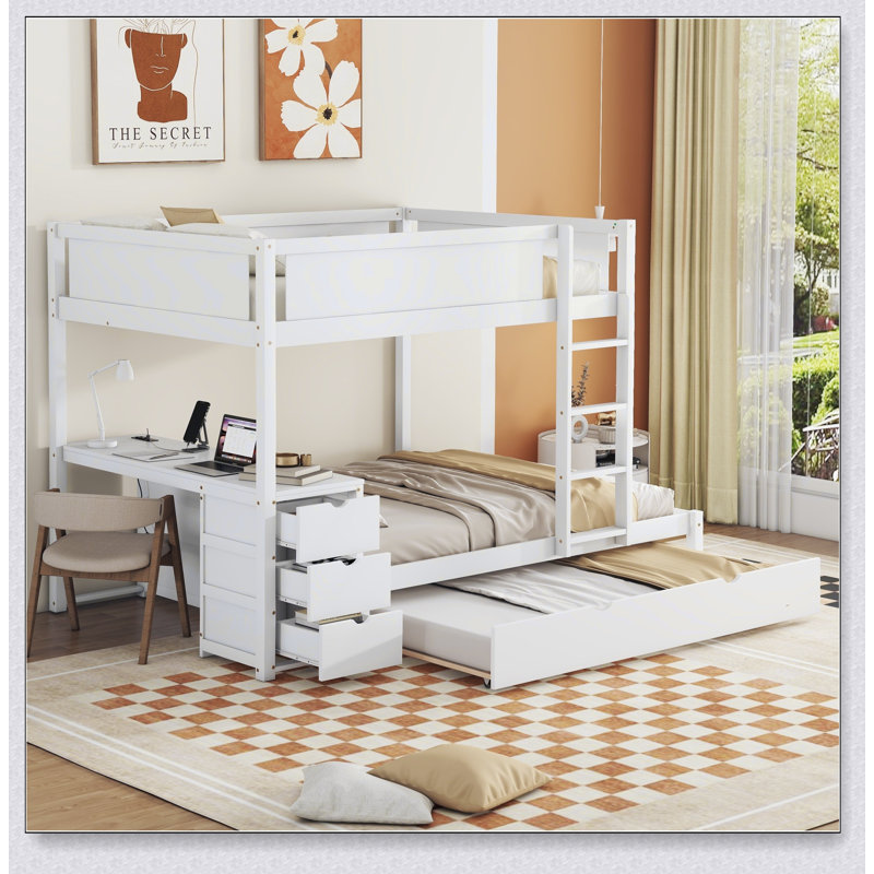 Full-Over-Full Bunk Bed With Twin Size Trundle, Storage And Desk, White