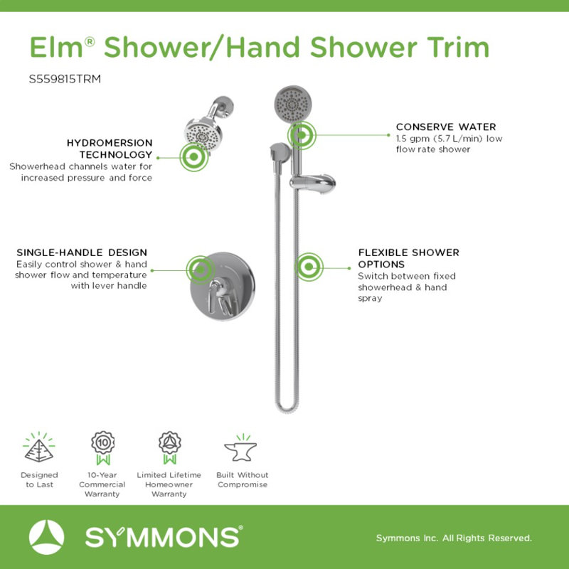 Garniture de douche Elm HydroMersion multi mode avec douche à main, Chrome poli