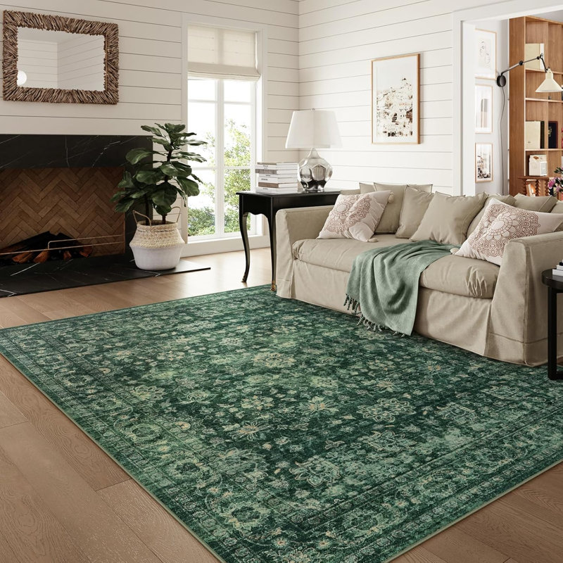 Forest Green Vintage Floral Area Rug, Washable Non-Slip Boho Style Rug, Rectangle 6' x 9', Forest Green