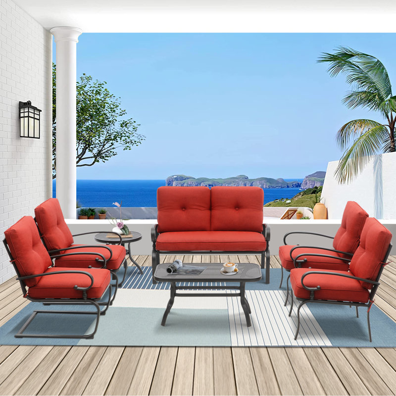 Basilius 6 - Person Patio Conversation Set with Cushions, Red