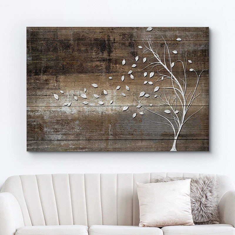 Leaves Blown Away By Wind From Tree Wood Effect Rustic Large Framed Canvas Picture Print Wall Art, No Frame, 32" H x 48" W