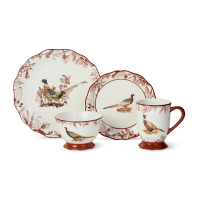 Pheasant Grove 16-Piece Dinnerware Set Service for 4 – Dinner & Salad Plates, Footed Mugs, Ice Cream Bowls – Assorted Sporting-Art Pheasant Stoneware with Burgundy Botanical Detail