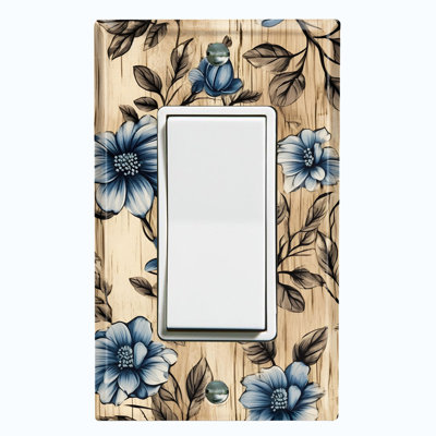 Metal Light Switch Plate Outlet Cover (Blue Flower Beige Tree - Single Rocker)
