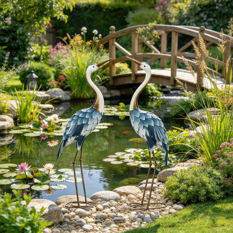 Crane Garden Ornaments, 2 PCS Steel Garden Statue Set Gifts, Water and Rust Resistant Sculptures for Patio Pond Landscape Decoration, Multi-Colour