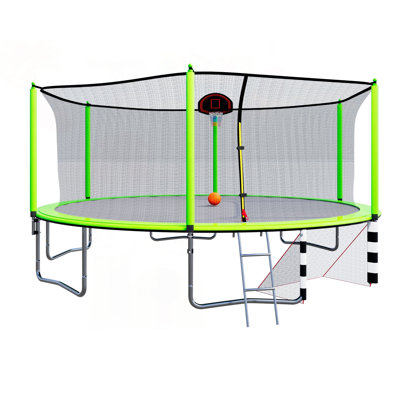 16FT Trampoline with Basketball Hoop, Soccer Goal & PE Sleeves