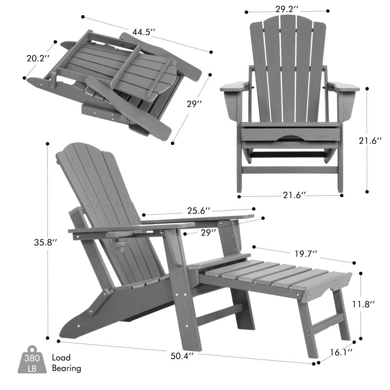 Azariyah Outdoor Folding  Adirondack Chair With Ottoman, Gray