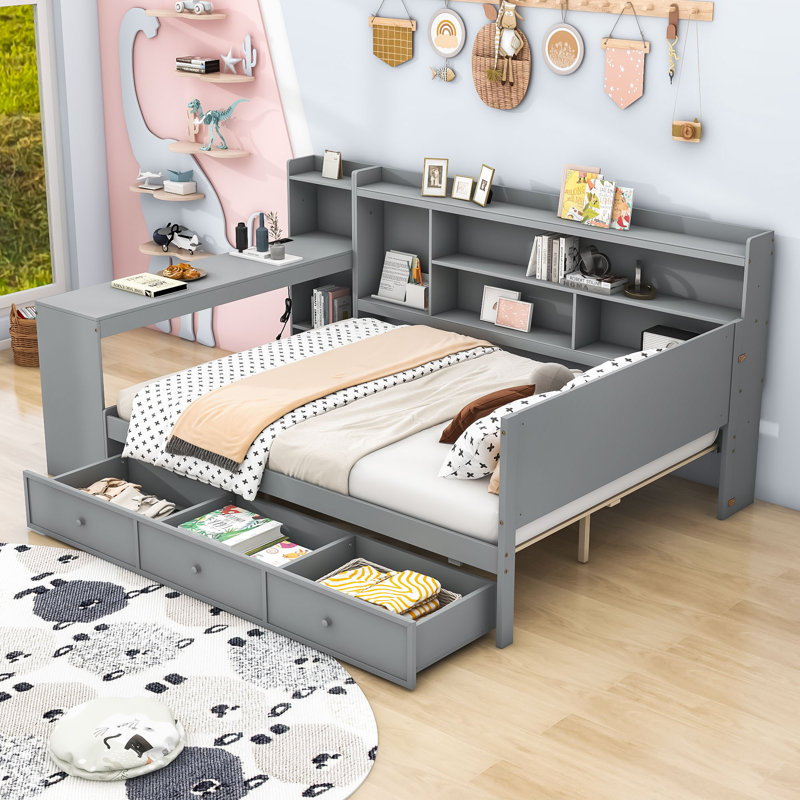 Three Drawers Daybed with USB Ports, Desk and Shelves, Gray, Full/Double