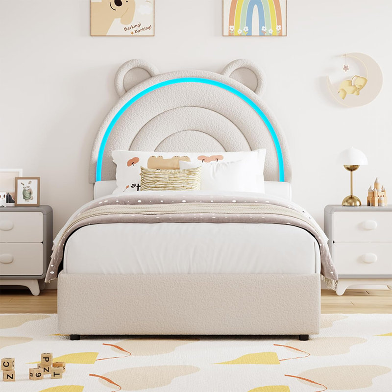 Princess Twin Size Bed Frame with 4 Storage Drawers & LED Lights, Velvet Upholstered Platform Bed with Rainbow Headboard for Kids/Girls, Solid Wood Slats Support, No Box Spring Needed, Pink
