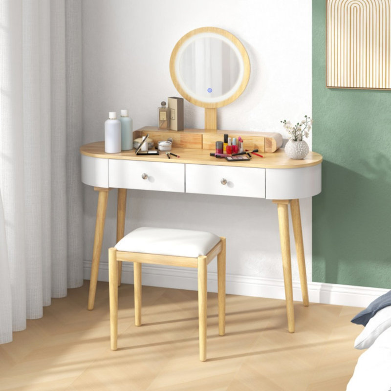 Elegant Makeup Vanity Table Set with LED Mirror and 3 Spacious Drawers, White/Natural