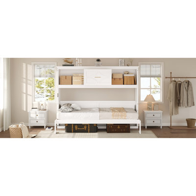 Lit simple blanc avec matelas de charge, tiroir et rangement - Station de teinte en bois de pin, sensation rustique