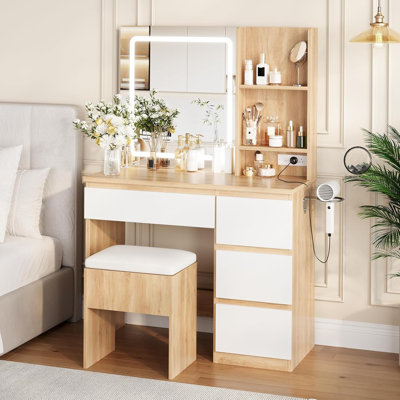 Vanity Desk With Led Mirror, Makeup Vanity Desk With 4 Drawers, Power Outlets, Storage Stool, Storage Shelves & Hair Dryer Holder , Adjustable 3 Lighting Modes, Makeup Vanity Set For Bedroom