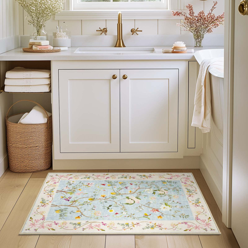 Chinoiserie Vintage Floral Rug Washable Non-slip, Rectangle 2' x 3', Blue/Pink