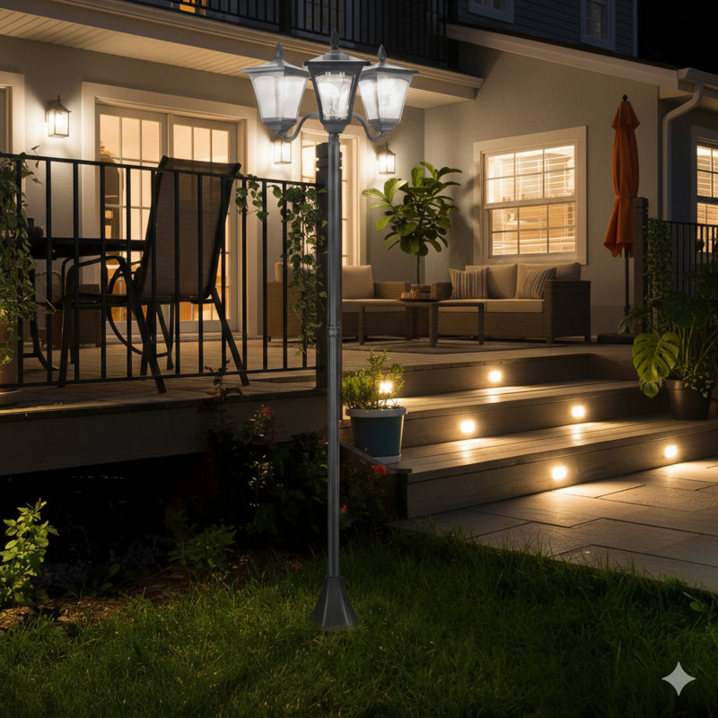 A 72-Inch Tall Solar Lighting Post With A Three-Head Design, Constructed From All-Weather Waterproof Stainless Steel In A Vintage Style For Gardens, Lawns, Pathways, And Driveways (Black Finish).