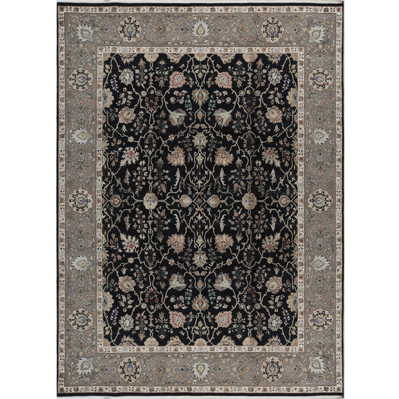 Tapis noir et gris de haute qualité noué à la main