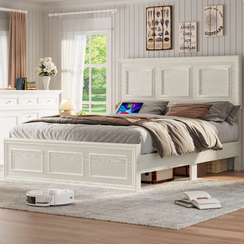 Platform Bed with LED Adjustable Headboard and Charging Port, White, Full