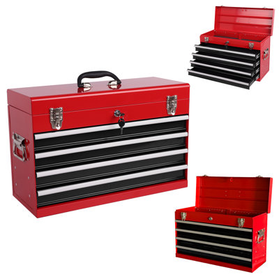 Heavy Duty Metal Tool Box, 21-inch, Portable with 4 Drawers, EVA Liners, Ball Bearing Slides, and Powder Coated Finish