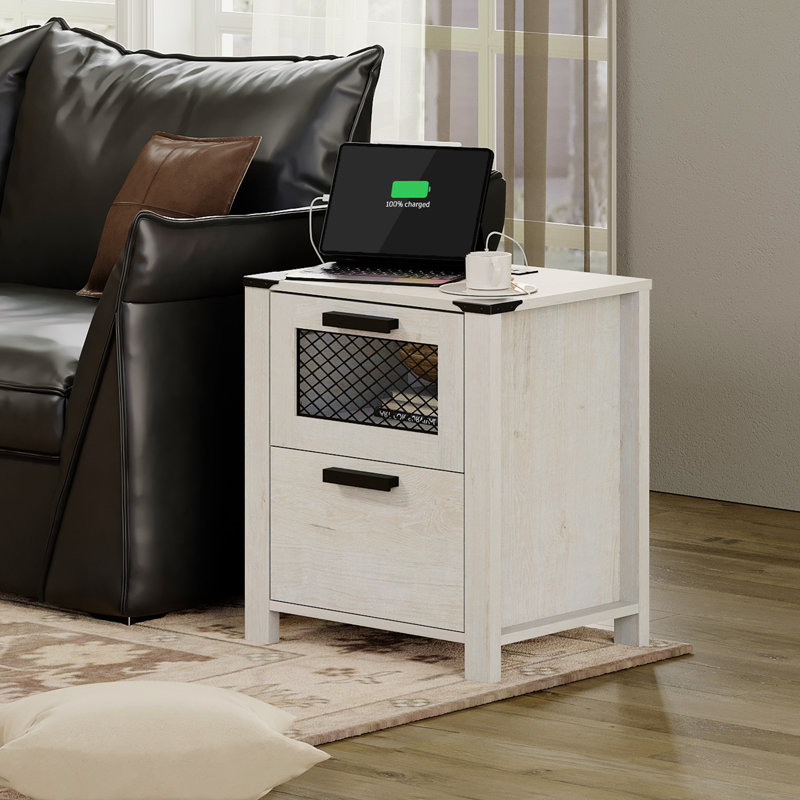 Vita 2 - Drawer End Table and Built-In Outlets, Antique White Top/Antique White Base