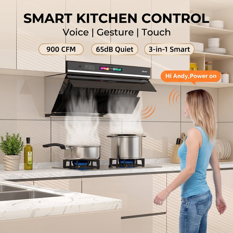 BRANO 30 Inch Convertible Under Cabinet Range Hood, 900CFM Stainless Steel Vent Hood with Voice Gesture Control, Baffle Filter