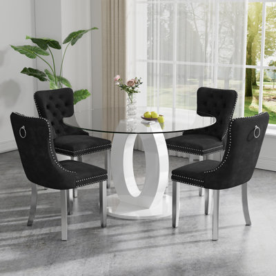 High Gloss Round Dining Table Set with 4 Velvet Dining Chairs