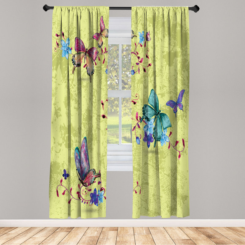 Microfiber Floral Semi-Sheer Rod Pocket Curtain Panels, 28" W x 63" L, Yellow Green/Turquoise