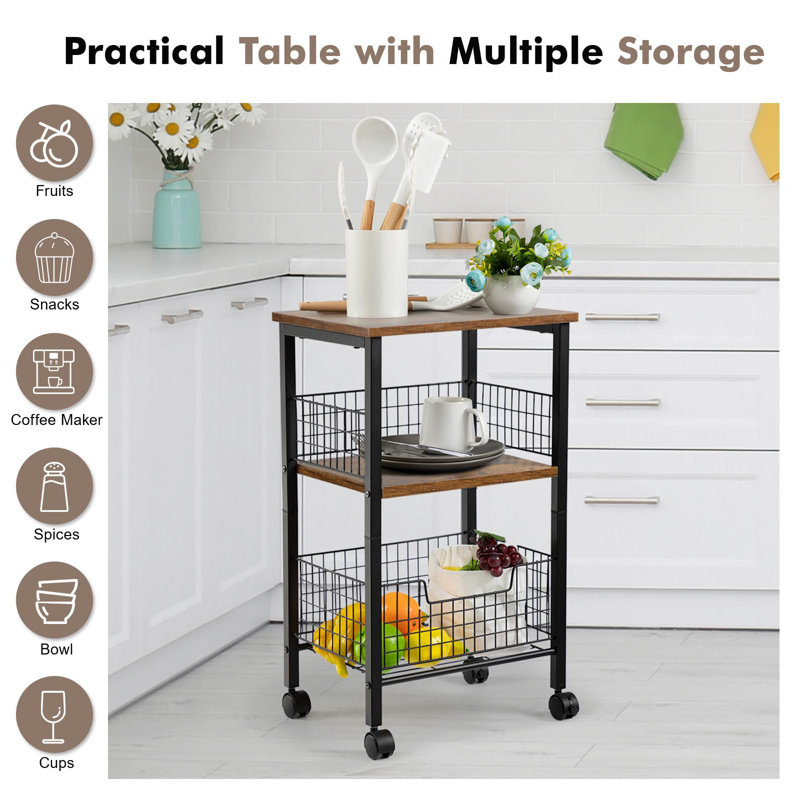 Rustic Brown 3-Tier Side Table with Metal Frame and Storage Basket