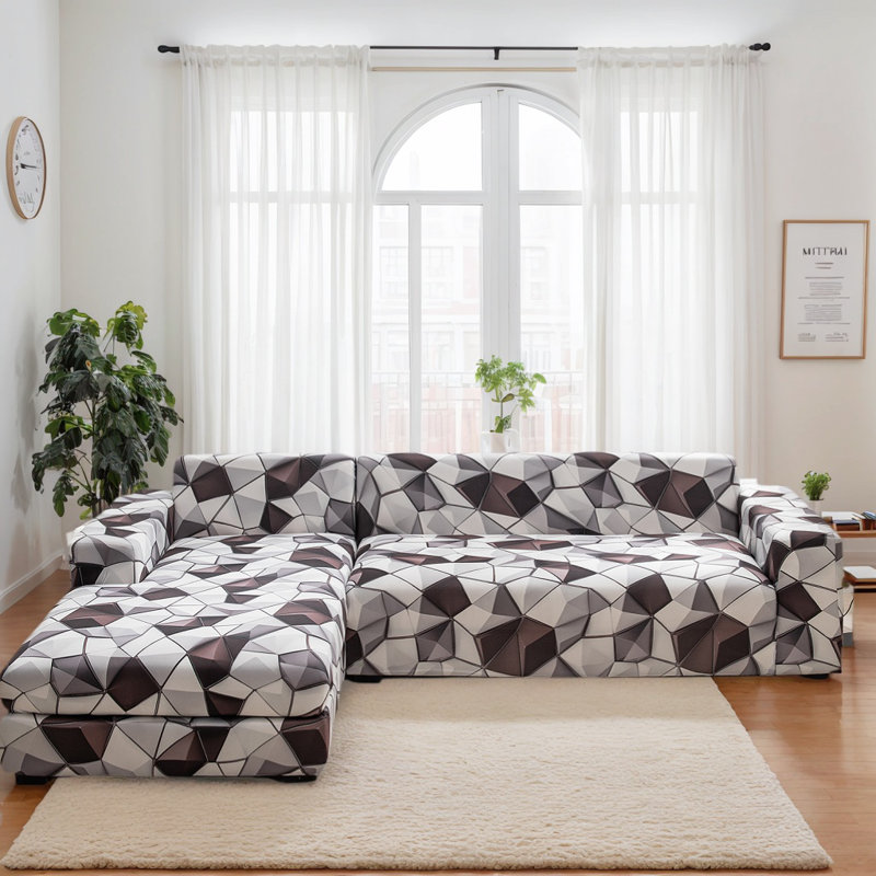 Housse pour canapé modulaire en L, housse extensible 2 pièces avec bords élastiques et 2 housses de coussin, housse de protection pour meubles imprimée