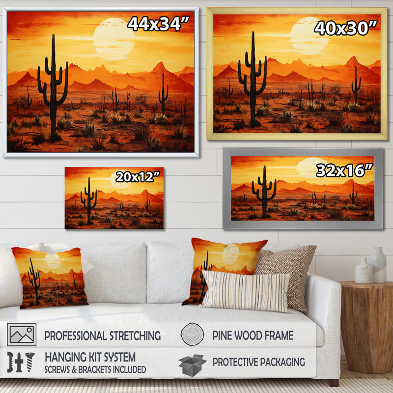 Cactus Sunrise Silhouettes - Cactus, art mural, H 12 po x l 20 po x P 1 po, Cadre naturel flottant
