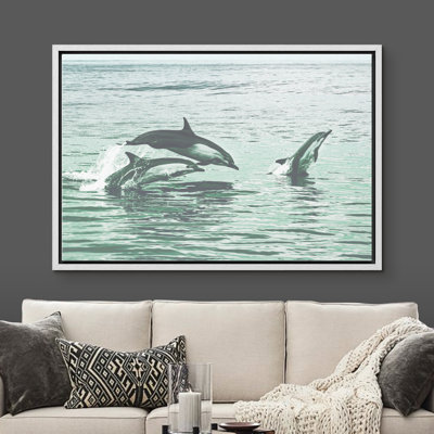 «Nautical AnimalsIDEA4WALL», reproduction d'art sur toile encadrée, rétro, dauphins au-dessus de la surface de la mer, animaux, photographie, réalisme, nautique, paysage, bichromie, coloré pour le salon, la chambre à coucher, le bureau - BLANC 16 p