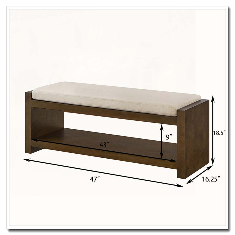 Banc de rangement à structure en bois avec coussin amovible, tablette inférieure, Ivoire ivoire