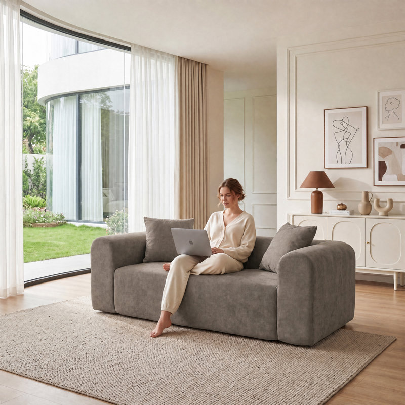 Modern Deep Seat Sofa Soft Chenille Upholstered U-Shaped with Pillows,Sectional Boneless  Sofa/Loveseat, light grey