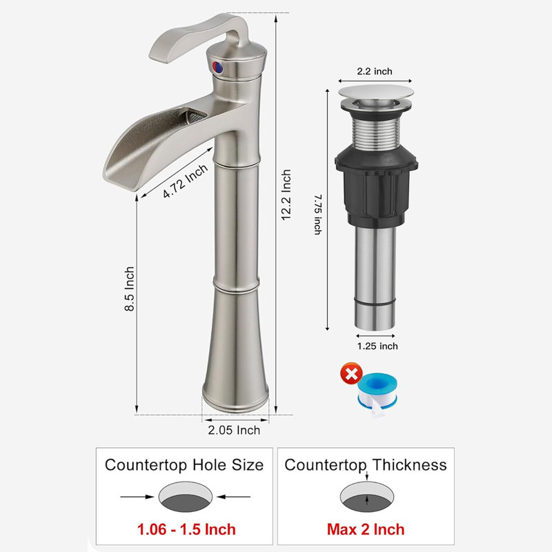 Robinet de lavabo vasque de salle de bain monocorps à poignée simple en nickel brossé, Nickel brossé