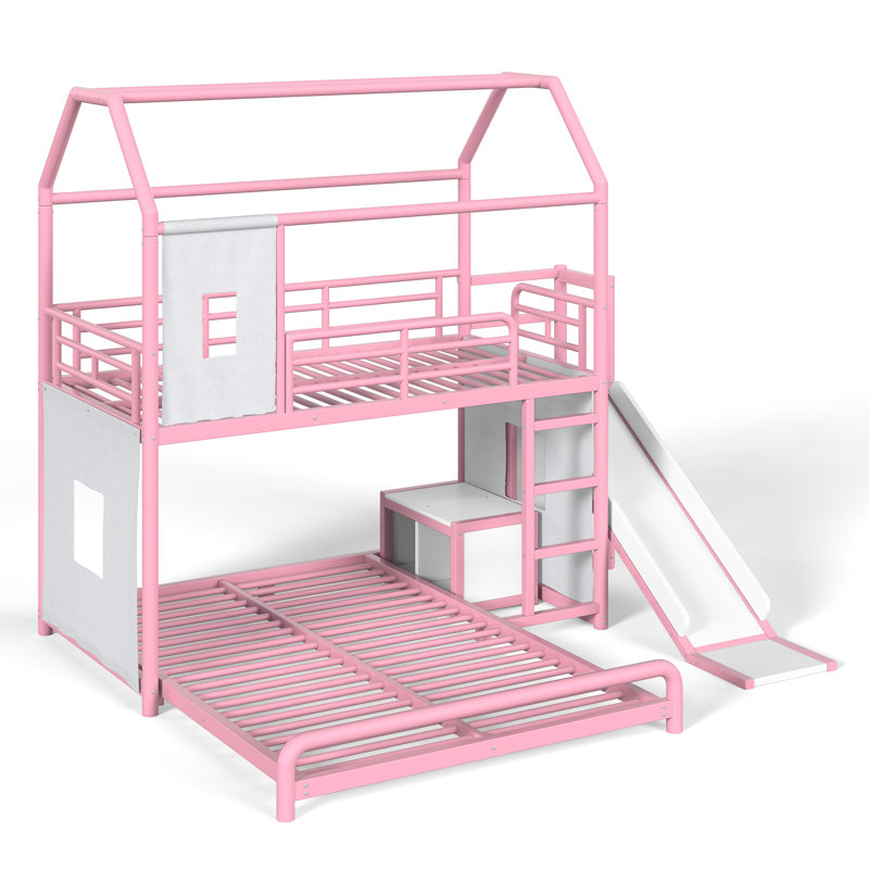 Lit superposé en métal avec glissade, échelle, lumière DEL, rideau et armoire de rangement, rose, Jumeaux sur complet, Rose