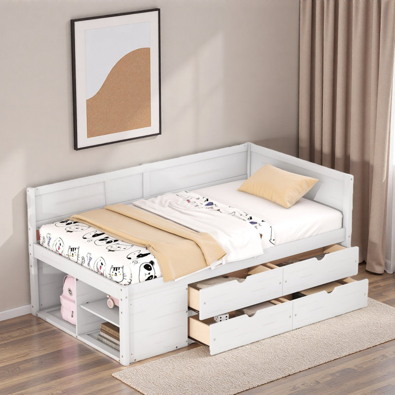 Lit de jour avec tiroirs et tablettes, Lit simple, Blanc