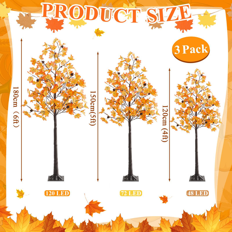 6FT/5FT/4FT Lighted Maple Trees 240LEDs Artificial Fall Trees with Lights Plug,3 Pack