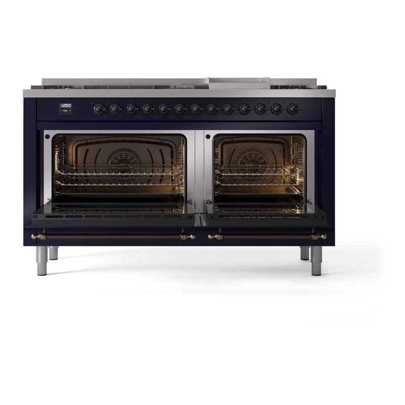 ILVE Nostalgie II Series 60 inch Dual Fuel Range with 9 Sealed Burners, Griddle (Glass Door), Liquid Propane