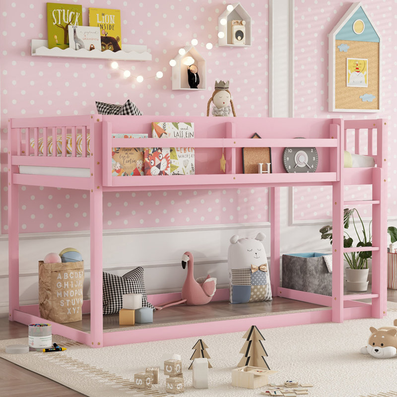 Low Twin Over Twin Bunk Bed, Floor Bunk Bed With Ladder, Solid Wood Twin Bunk Bed For Kids & Juniors, White, Pink