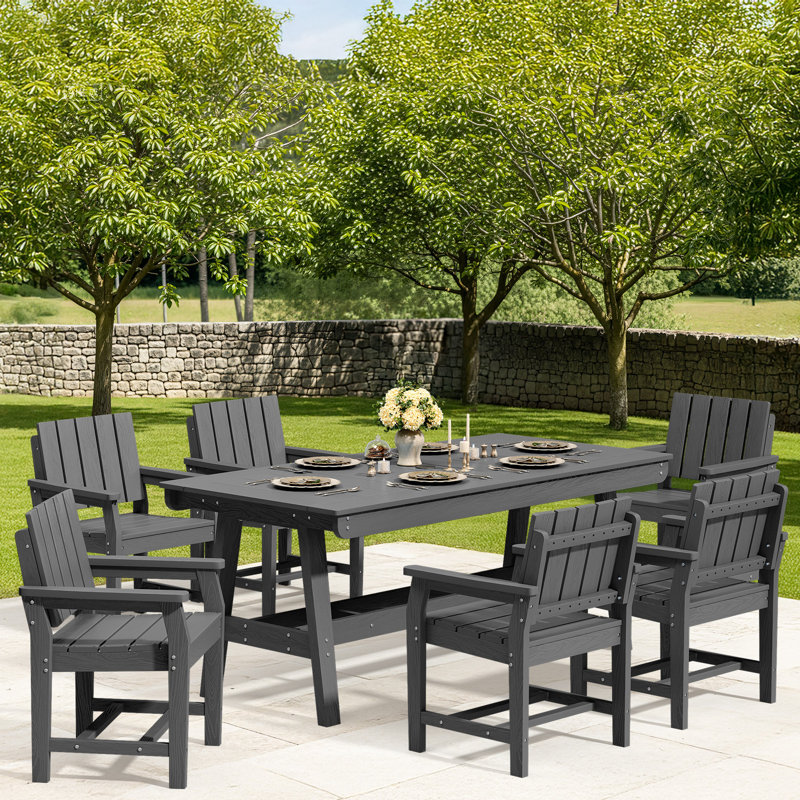 HDPE Outdoor Dining Set, 7-Piece Patio Table With Umbrella Hole And Armchairs – Weather-Resistant, Gray
