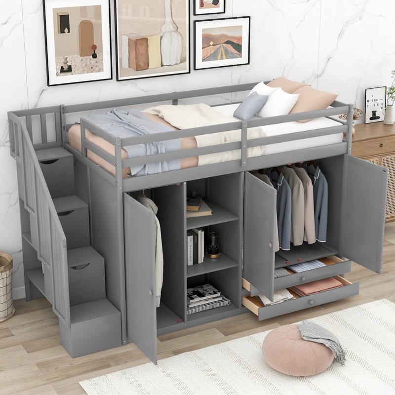 Functional Loft Bed With 3 Shelves, Gray