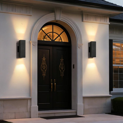Modern Outdoor Wall Light Fixture – Dusk to Dawn Sensor Sconce, Black Square Design (2-Pack)