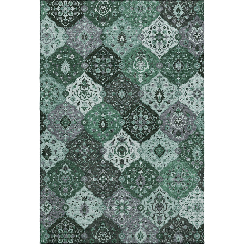 Premium Machine Washable Mayfield AMF2292 Panel Rug, Green, 5' x 7'6"