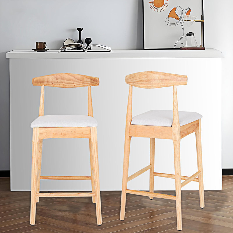 Ensemble de 2 tabourets de comptoir rembourrés, Bois naturel, Bois naturel