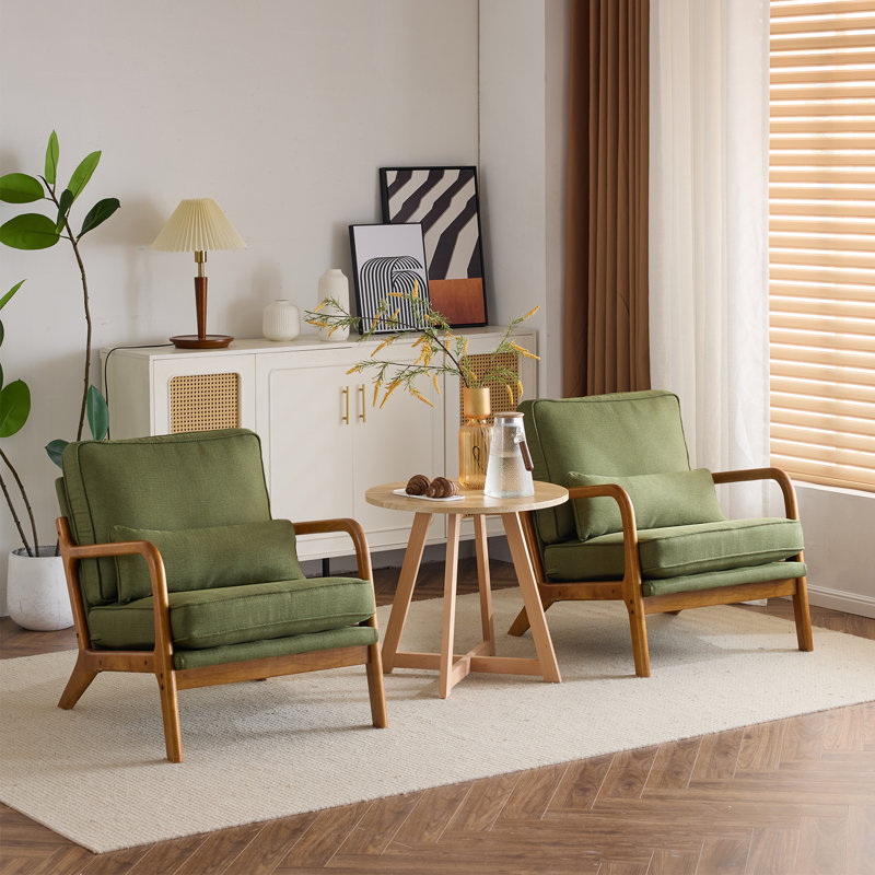 Lemley Mid Century Solid Wood Accent Chair Upholstered Armchair With An Extra Pillow （Set Of 2), Green Linen Blend