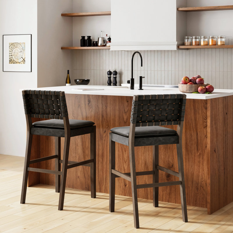 Black Faux Leather Woven Back Counter Height Stool