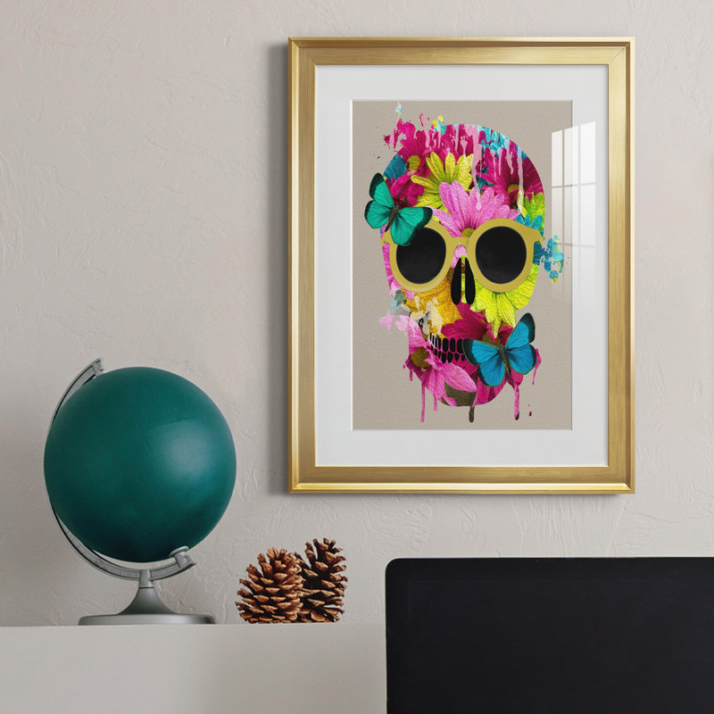 Crâne floral - peinture encadrée, H 22,5 po x l 30,5 po x P 1,5 po, Or