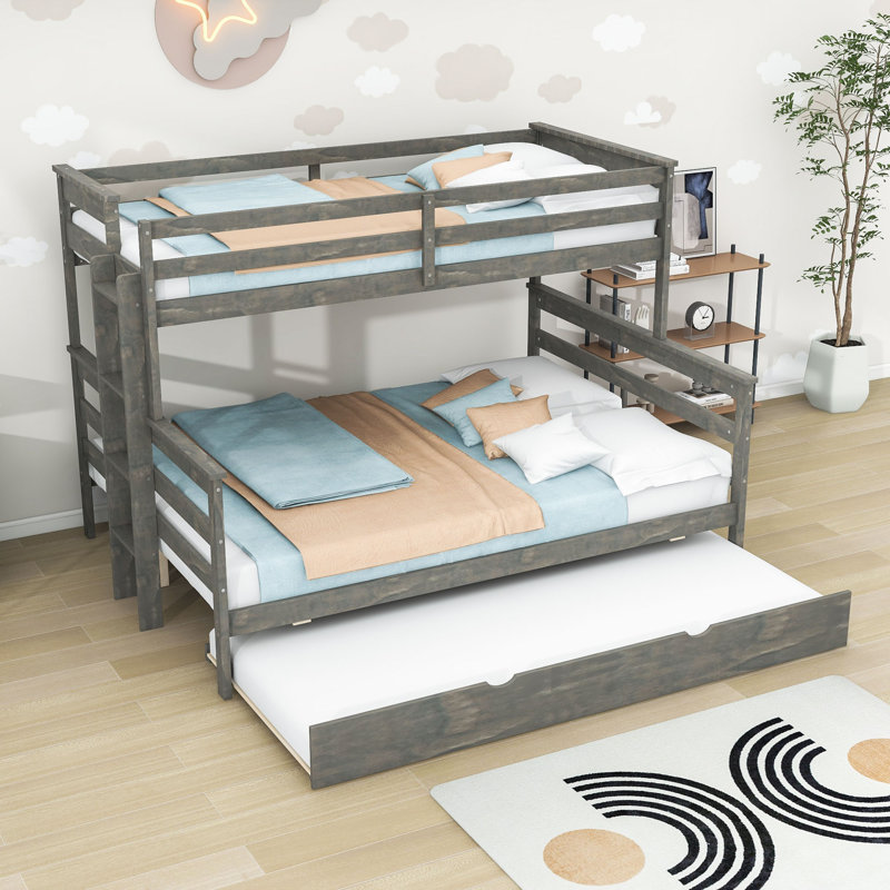Twin XL over Queen Wooden Bunk Bed with Trundle and Guardrails, Gray