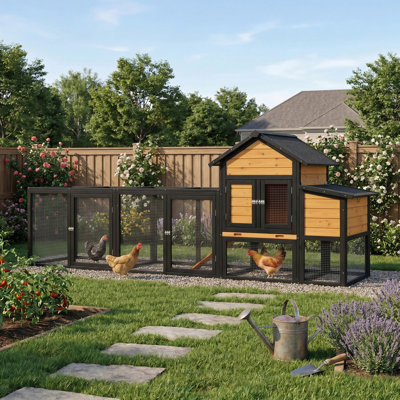 Poulailler en bois confortable, poulailler de ferme extérieur avec enclos, 7 portes, nichoir, rampe et plateau coulissant, poulailler extensible pour 2 à 4 poules