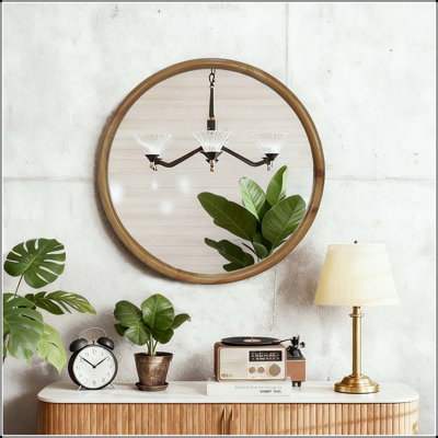 Round Wood Framed Wall Mirror in Natural Wood (23.62 inch)