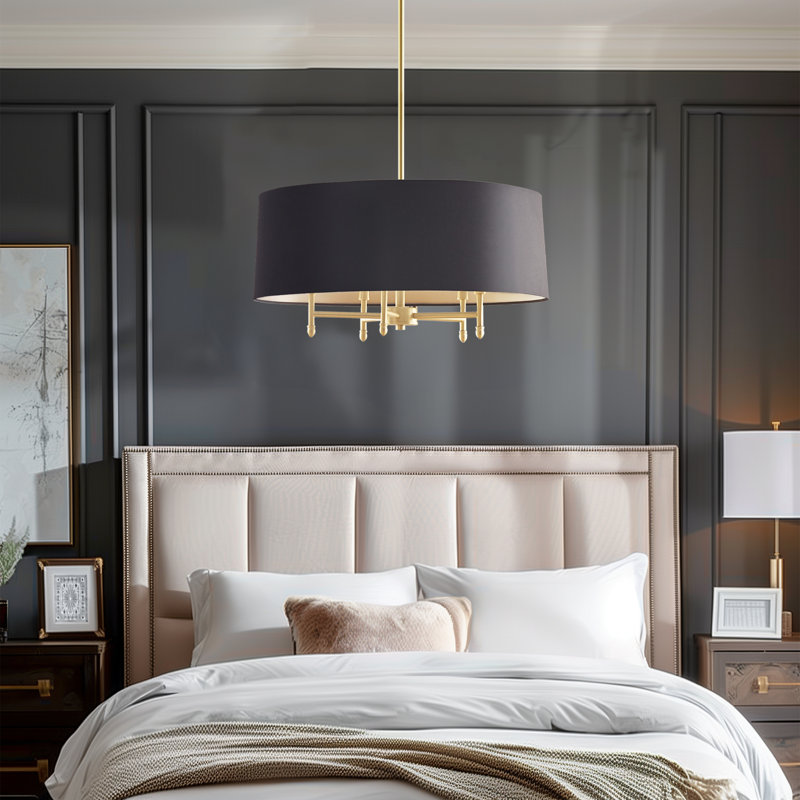 Lustre à 5 lumières à intensité réglable Presidio avec abat-jour en forme de tambour et hauteur réglable, Doré / Noir