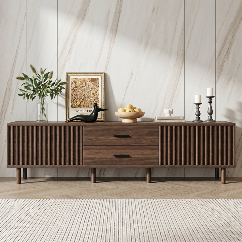 Meuble télé 71 po avec rangement et pieds en bois massif pour téléviseur de 75 po ou moins