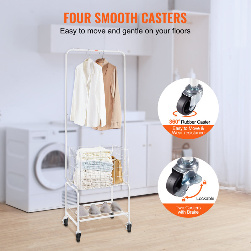 White Metal Rolling Laundry Cart with Adjustable Hanging Rack